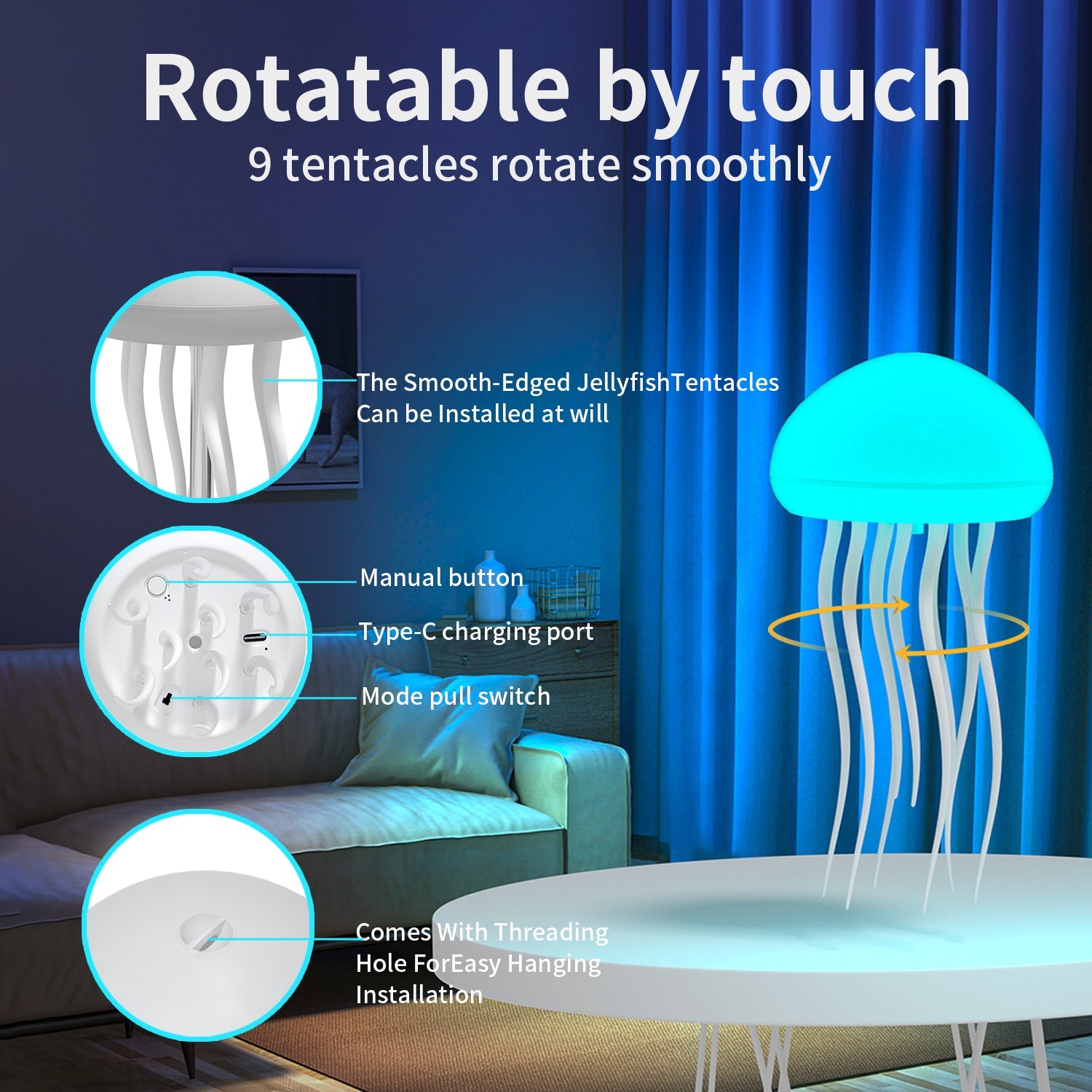 EchoLumen Jellyfish Glow Lamp — RGB Touch Sensor, Rechargeable (Hanging + Base)