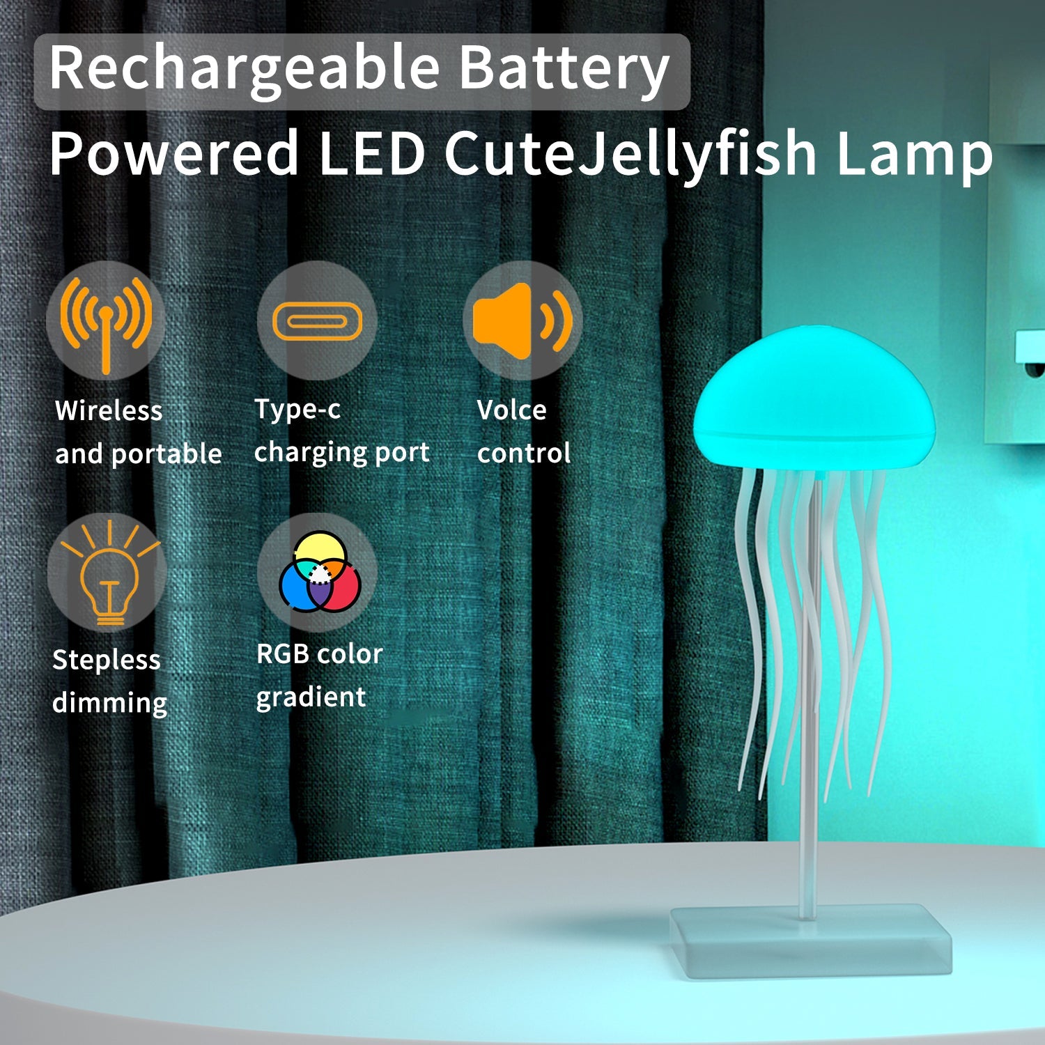 EchoLumen Jellyfish Glow Lamp — RGB Touch Sensor, Rechargeable (Hanging + Base)